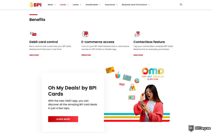 Best bank in the Philippines: a screenshot of BPI's card features.