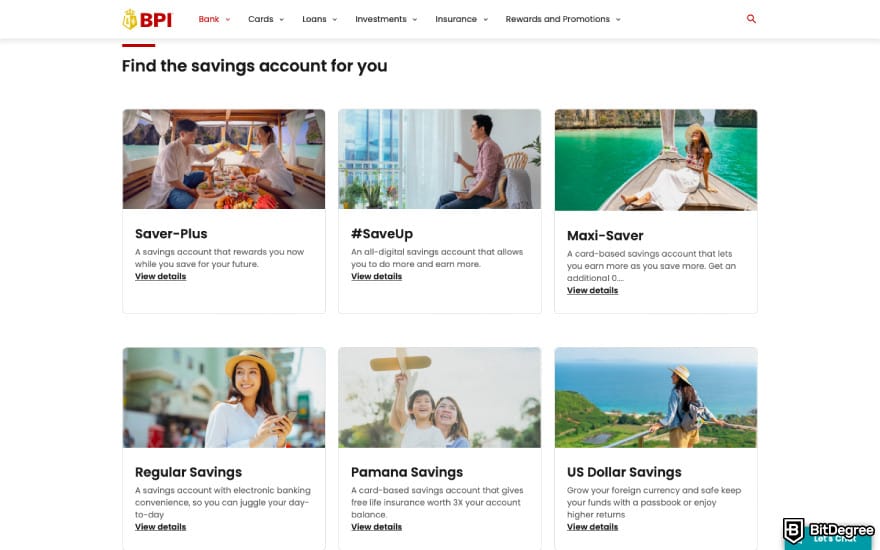 Best bank in the Philippines: a screenshot of Bank of the Philippine Islands' savings accounts.