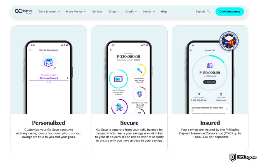 Best bank in the Philippines: a screenshot of GoTyme's Savings feature.