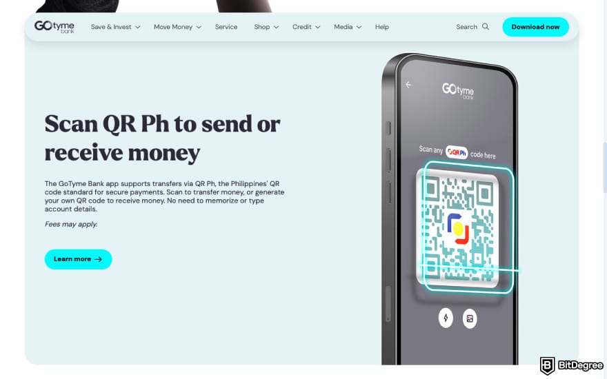 Best bank in the Philippines: a screenshot of GoTyme QR Ph feature description.