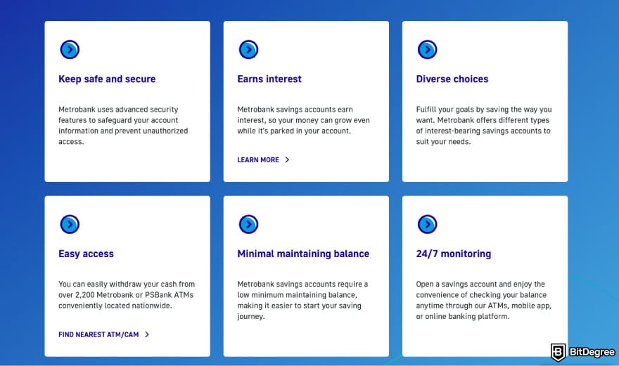 Best bank in the Philippines: a screenshot of Metrobank savings accounts' features.