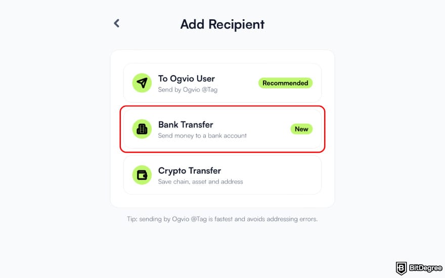 Best bank in the Philippines: select the transfer method on Ogvio.