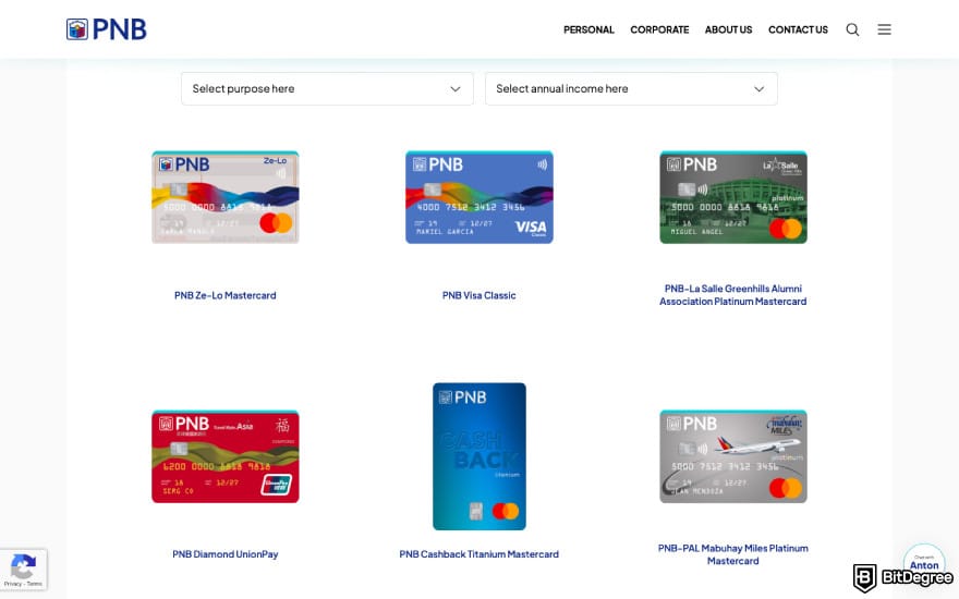 Best bank in the Philippines: a screenshot of the Philippine National Bank's credit cards.