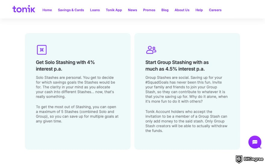 Best bank in the Philippines: a screenshot of Tonik Bank's Stash feature description.