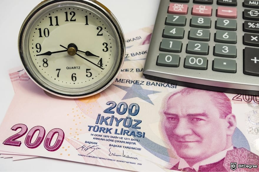 Best bank in Turkey: an analog clock and a calculator on top of Turkish lira banknotes.