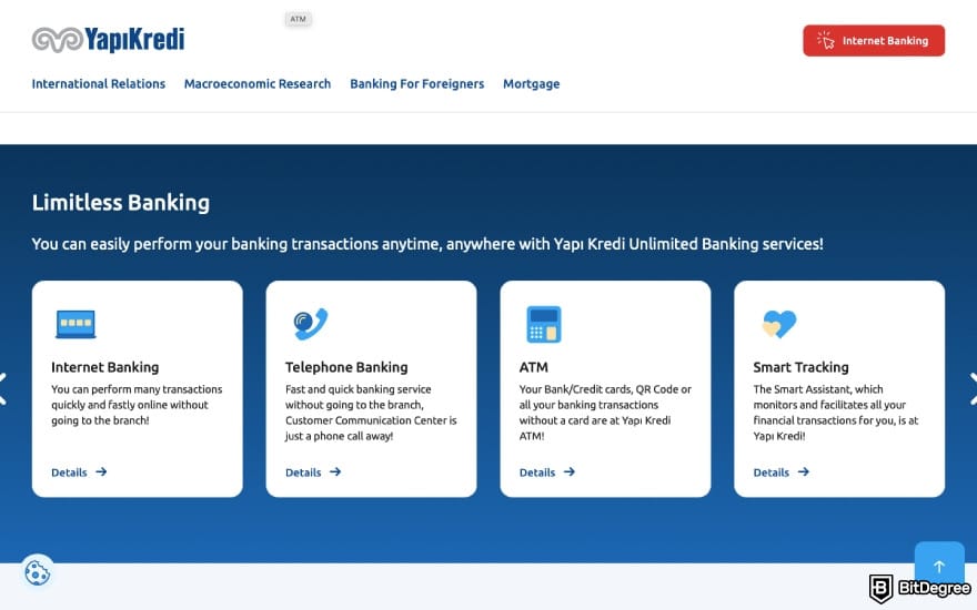 Best bank in Turkey: a screenshot of Yapi Kredi Bank's features.