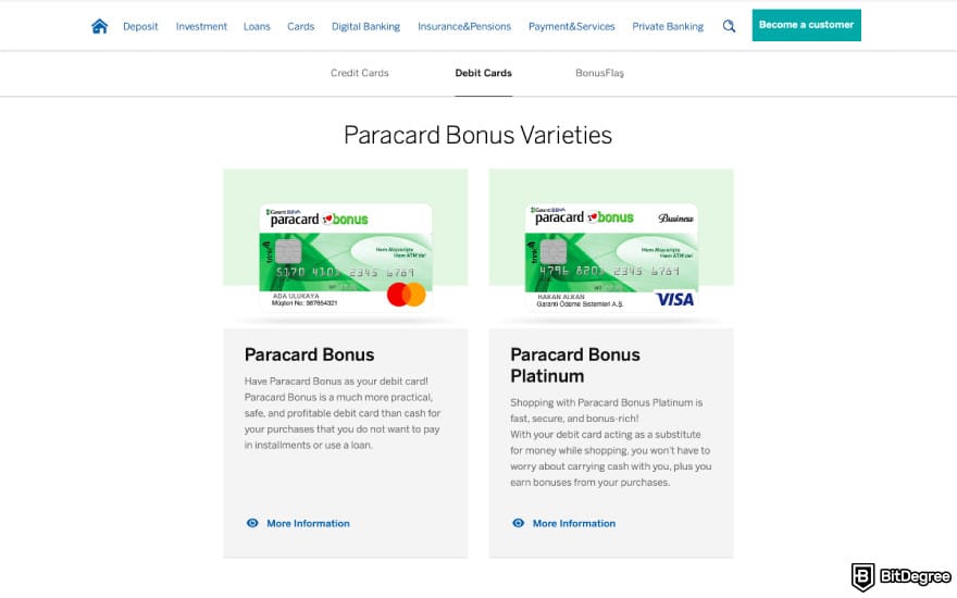 Best bank in Turkey: a screenshot of Garanti BBVA's cards.