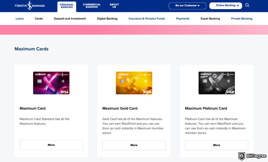 Best bank in Turkey: a screenshot of İşbank's cards.