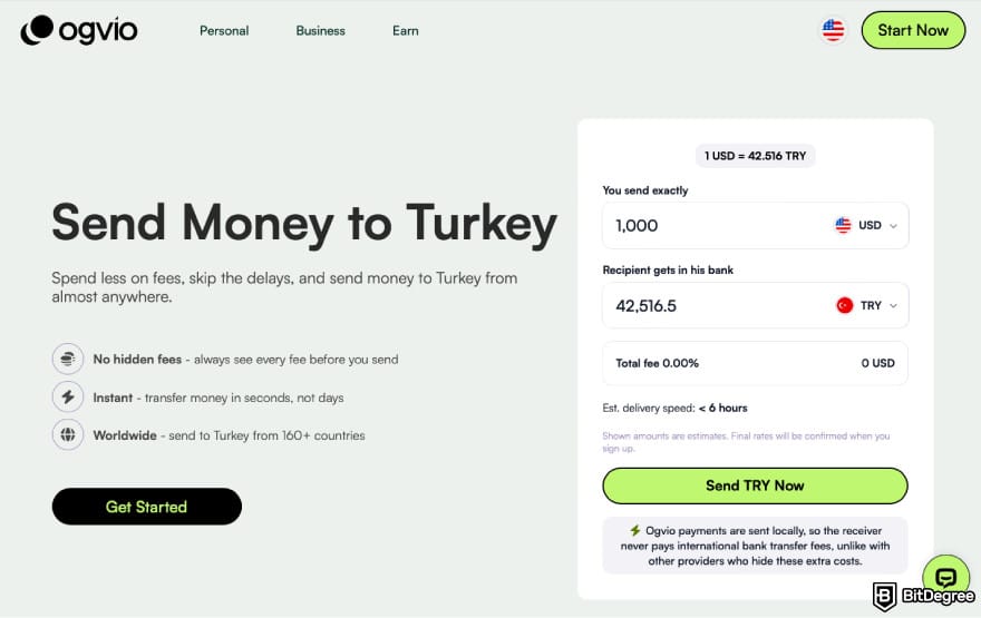 Best bank in Turkey: a screenshot of Ogvio's calculator for sending money to Turkey.