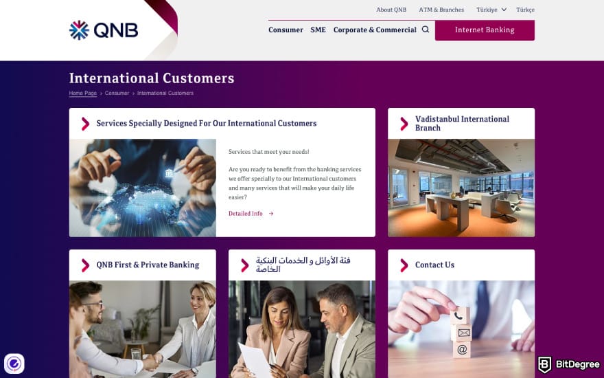 Best bank in Turkey: a screenshot of QNB's international customer services.