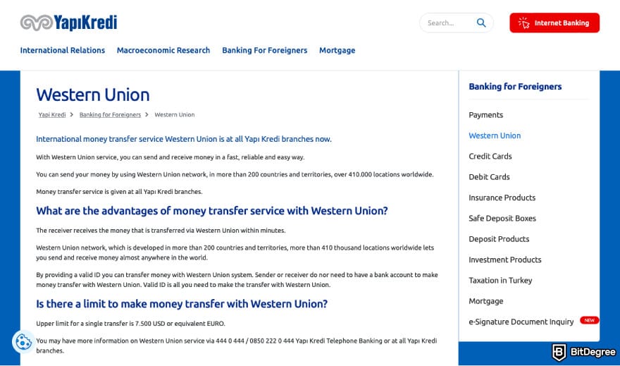 Best bank in Turkey: a screenshot of Yapi Kredi Bank's Western Union transfers feature.