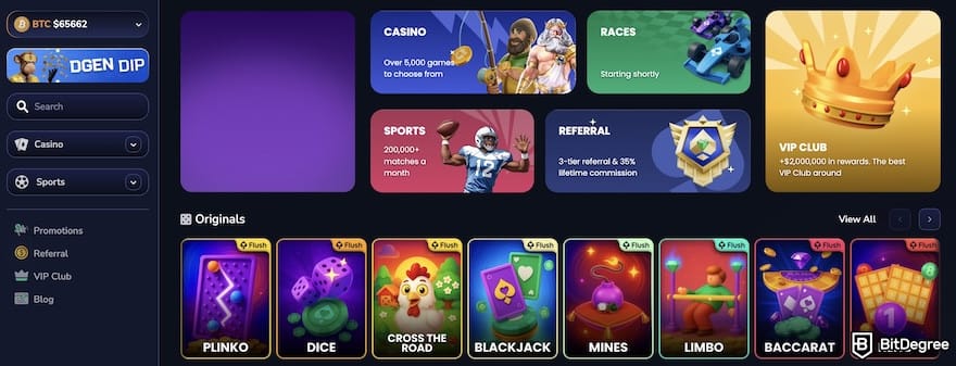 Best Bitcoin casino: the Flush homepage, with [Casino] and [Sports] menus on the sidebar.