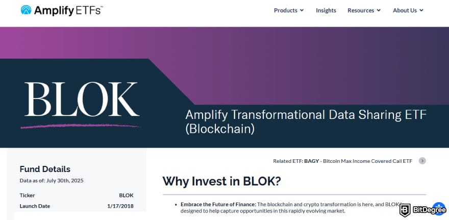 Best Bitcoin ETF UK: Amplify Transformational Data Sharing ETF page.