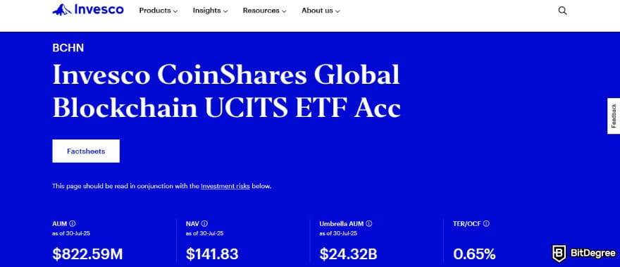 Best Bitcoin ETF UK: Invesco CoinShares Global Blockchain UCITS ETF page.