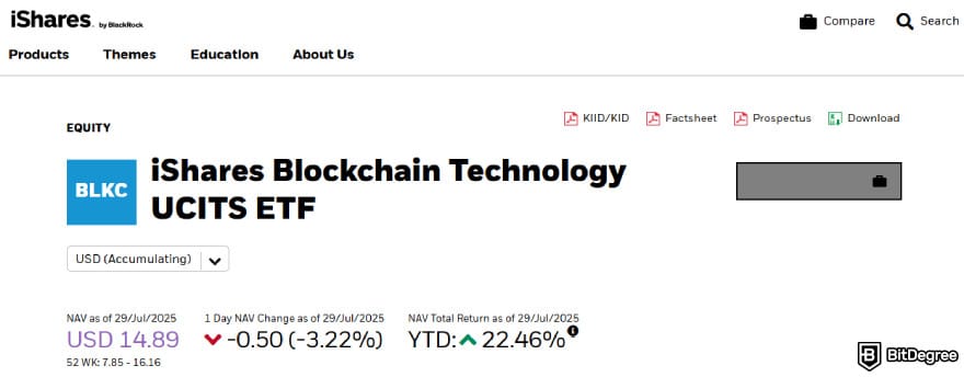 Best Bitcoin ETF UK: iShares Blockchain Technology UCITS ETF page.