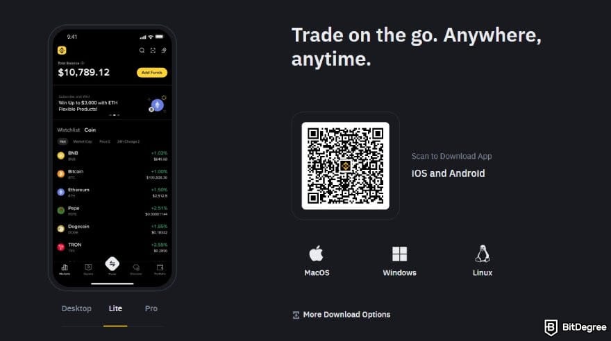 Ví Bitcoin tốt nhất: Trang chủ Binance với phần quảng bá ứng dụng di động của nó.