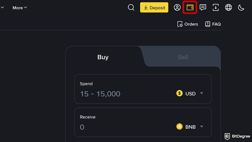 Best Bitcoin wallet: Binance webpage with the wallet button highlighted.
