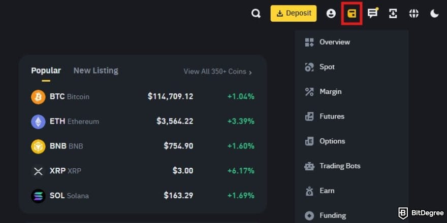 Ví Bitcoin tốt nhất: Trang chủ Binance với nút ví được làm nổi bật.