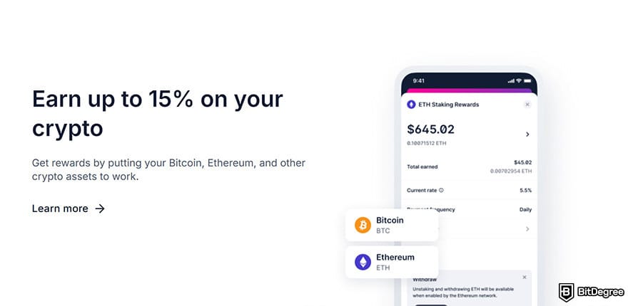 Best Bitcoin wallet: a section mentioning the earn feature on Blockchain.com's wallet page.