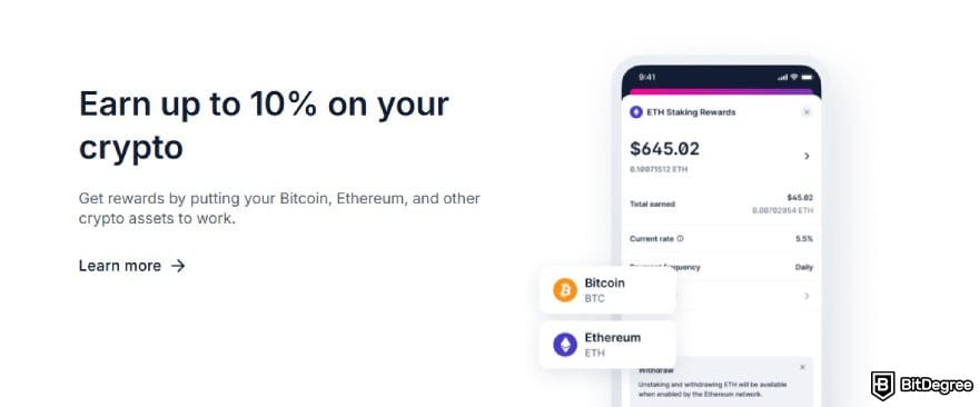 Ví Bitcoin tốt nhất: một phần đề cập đến tính năng kiếm thưởng trên trang ví của Blockchain.com.