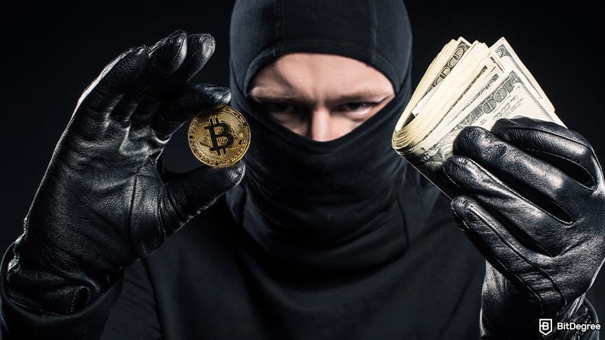 Best Bitcoin wallet: a masked person holding a BTC coin and $100 bills.