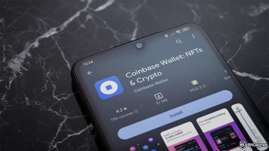 Best Bitcoin wallet: a phone displaying the Google Play page for Coinbase Wallet.