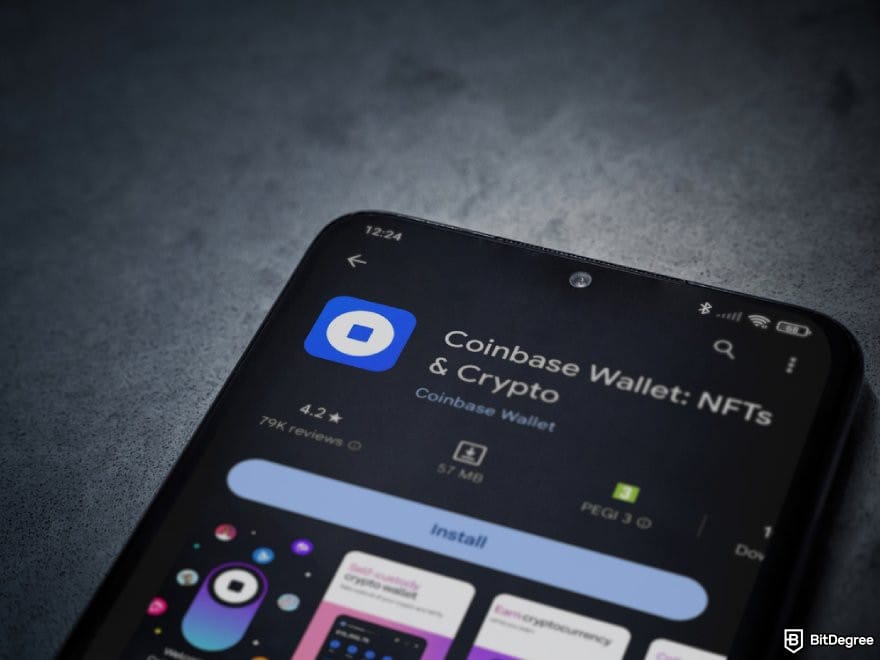 Ví Bitcoin tốt nhất: Một điện thoại hiển thị trang Google Play của Coinbase Wallet.