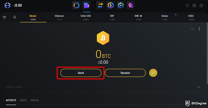 Best Bitcoin wallet: the Bitcoin page on Exodus wallet with the Send button highlighted.
