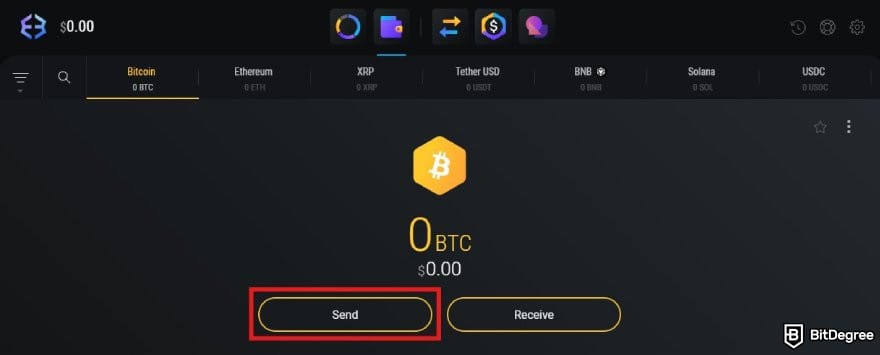 Ví Bitcoin tốt nhất: Trang Bitcoin trên ví Exodus với nút Gửi được làm nổi bật.
