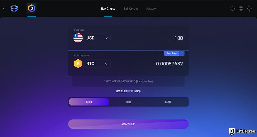Best Bitcoin wallet: the buy crypto page on Exodus wallet.