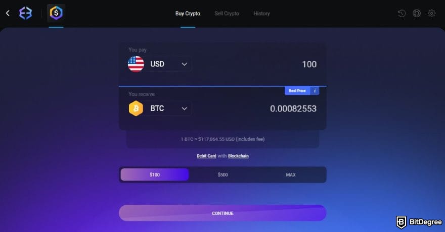 Ví Bitcoin tốt nhất: Trang mua tiền điện tử trên ví Exodus.