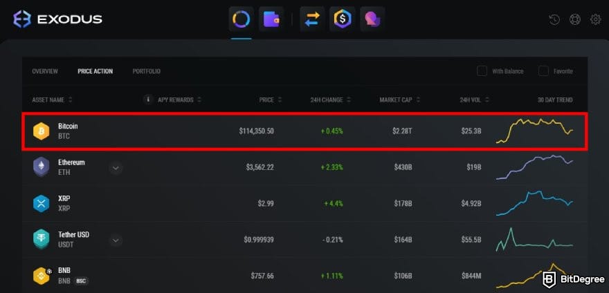 Ví Bitcoin tốt nhất: Tab Portfolio trên ví Exodus.