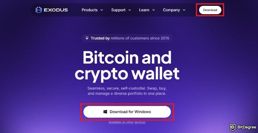 Ví Bitcoin tốt nhất: Trang chủ của Exodus với các nút tải xuống được làm nổi bật.