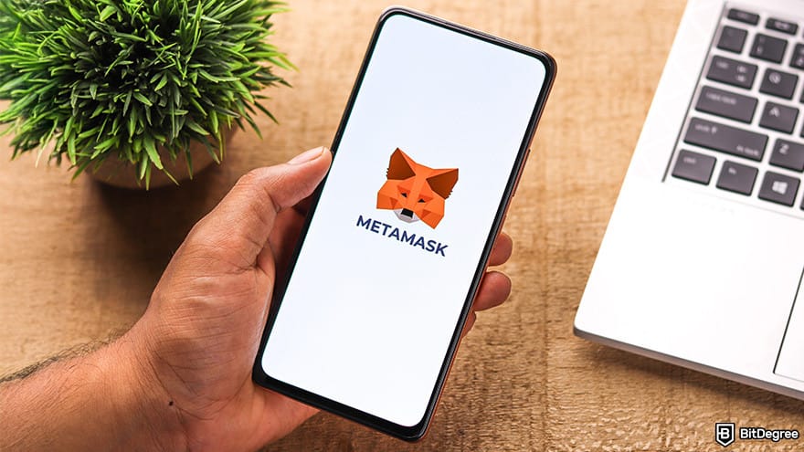 Best Bitcoin wallet: a hand holding a phone with a MetaMask logo on it.