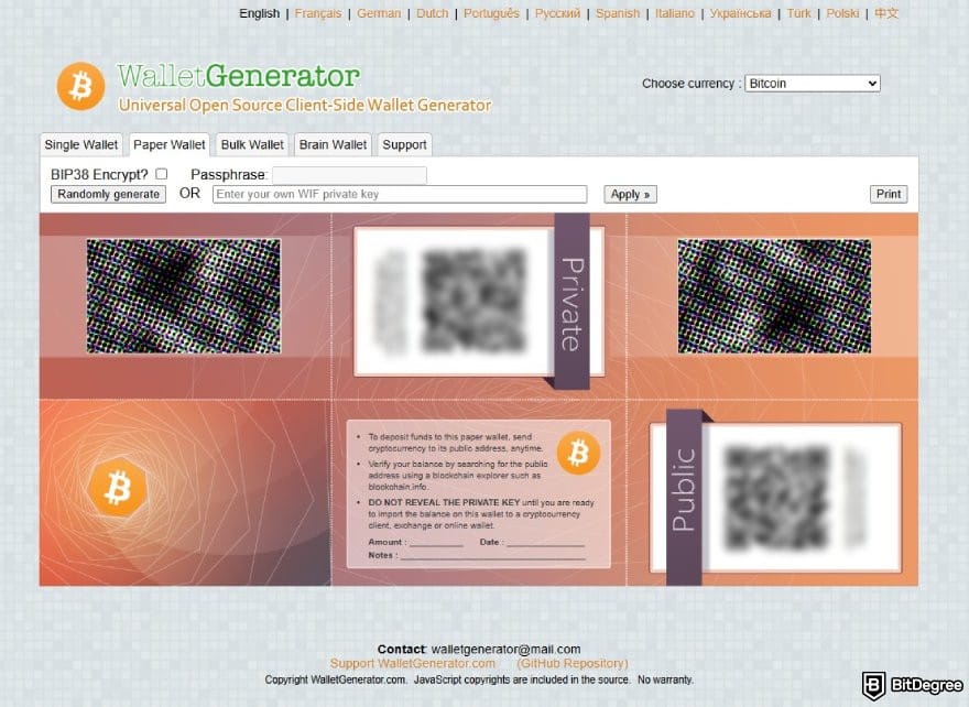 Ví Bitcoin tốt nhất: Ví giấy được tạo trên WalletGenerator.com.