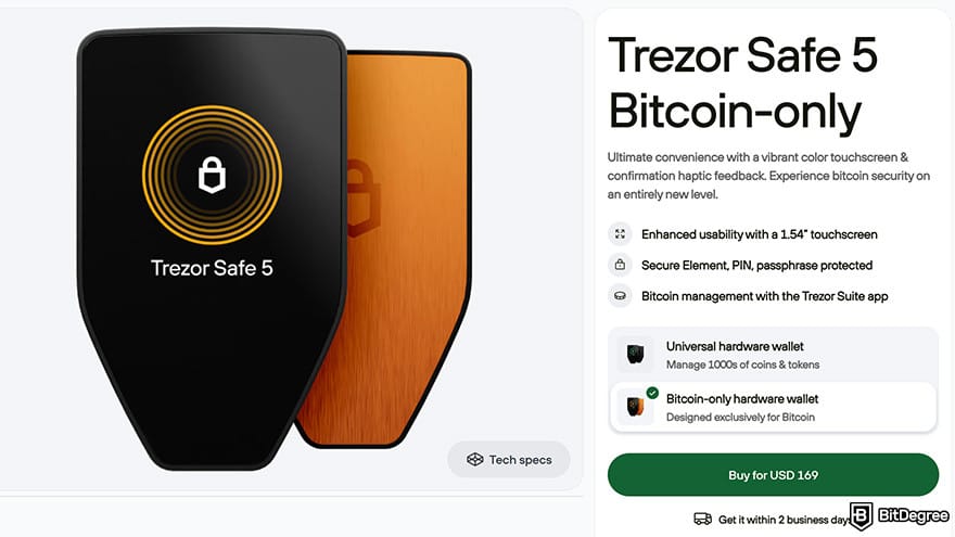 Best Bitcoin wallet: Trezor Safe 5 Bitcoin-only product page.