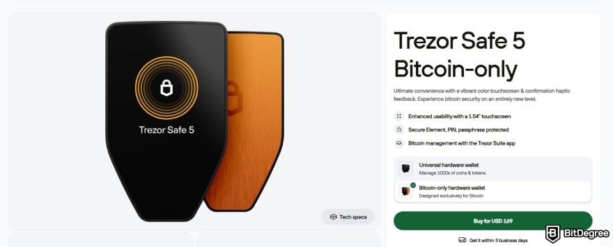 Ví Bitcoin tốt nhất: Trang sản phẩm chỉ dành cho Bitcoin của Trezor Safe 5.