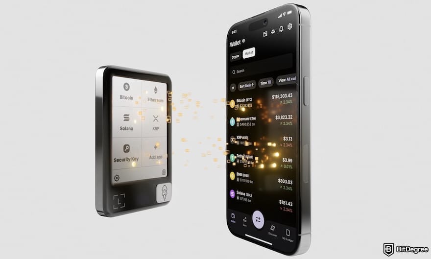 Best BNB wallet: Ledger Nano Gen5, with the Ledger Wallet interface shown on a mobile phone.