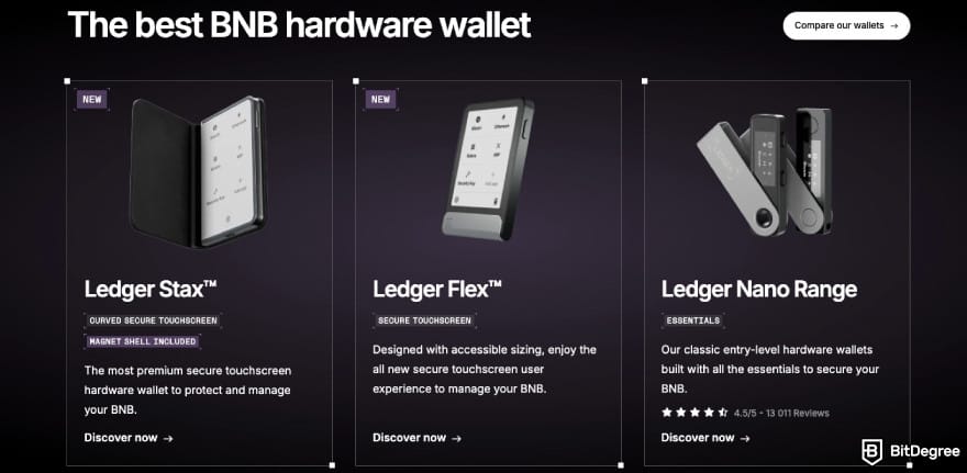 Best BNB wallet: Ledger displaying its wallets that are great with BNB.