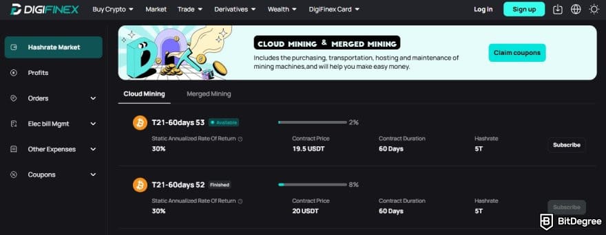 Best cloud mining platforms: DigiFinex cloud mining page.
