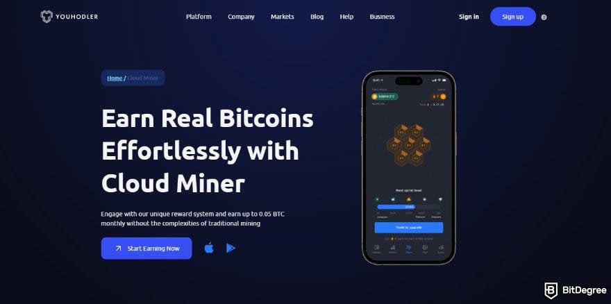 Best cloud mining platforms: YouHodler Cloud Miner page.