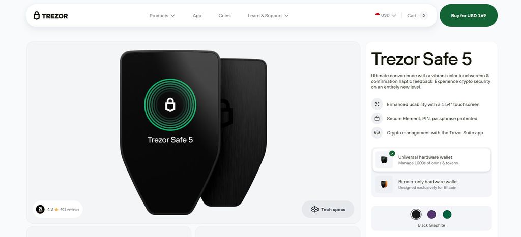 Best Cosmos wallet: the buying page for Trezor Safe 5.