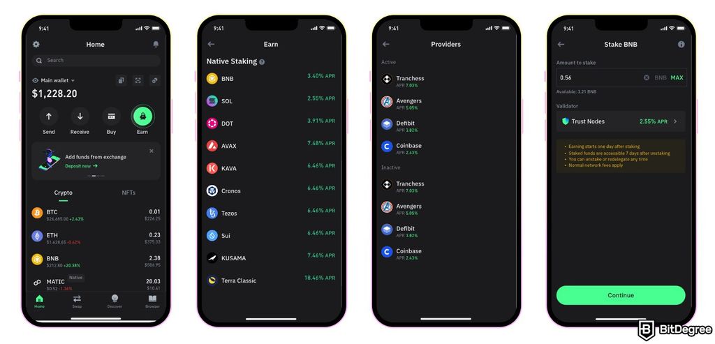 Best Cosmos wallet: the staking process on the Trust Wallet mobile app.