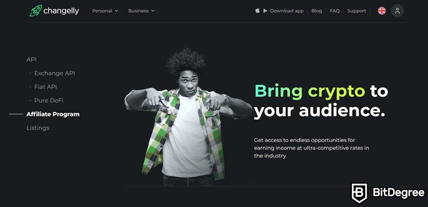 Best crypto affiliate programs: the landing page for Changelly Affiliate Program.