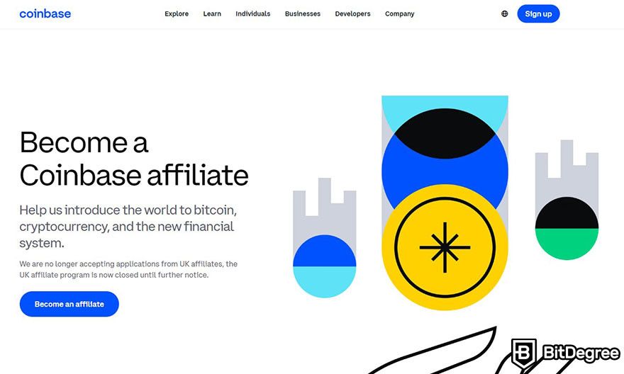 Best crypto affiliate programs: the landing page for Coinbase Affiliate Program.