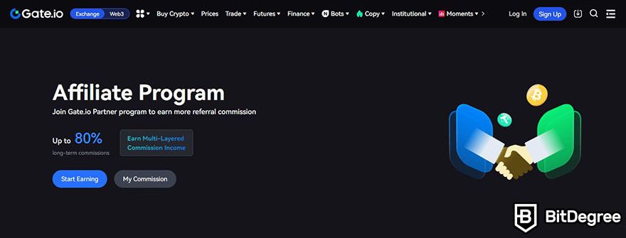 Best crypto affiliate programs: the landing page for Gate.io's affiliate program.