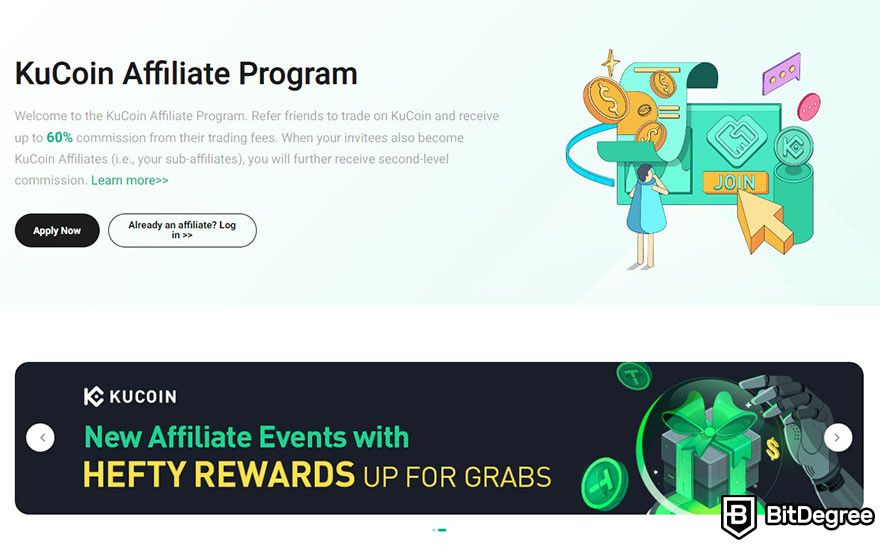 Best crypto affiliate programs: the landing page for KuCoin Affiliate Program.