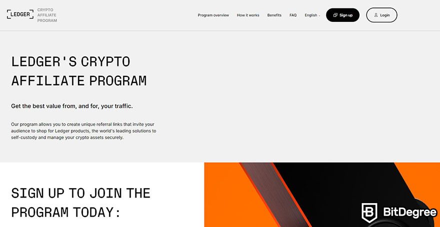 Best crypto affiliate programs: the landing page for Ledger's affiliate program.