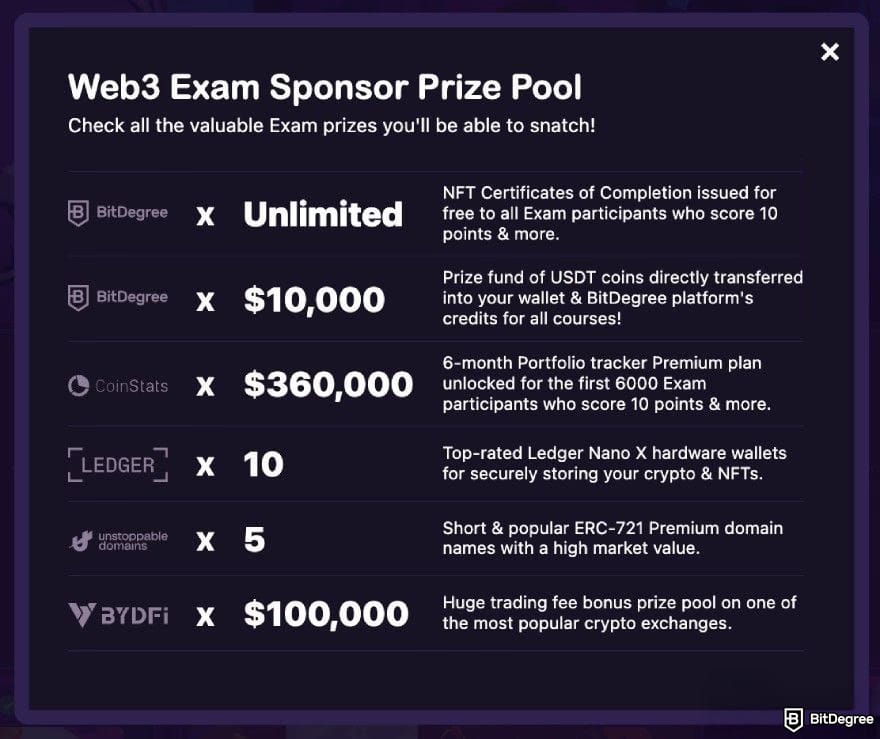 Best crypto airdrops: BitDegree Web3 Exam prize pool.