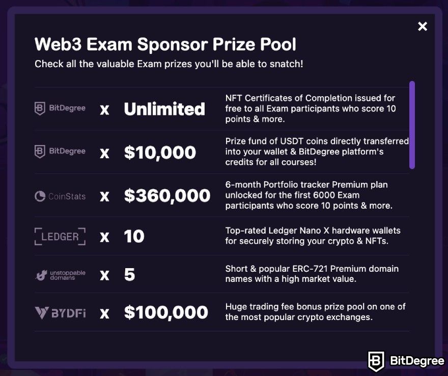 Best crypto airdrops: BitDegree Web3 Exam prize pool.